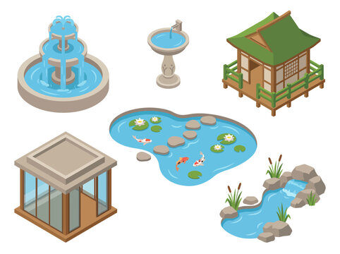 This image showcases tranquil water features and serene garden designs, embodying peace, relaxation, and harmony within natural surroundings, ideal for Zen architecture.