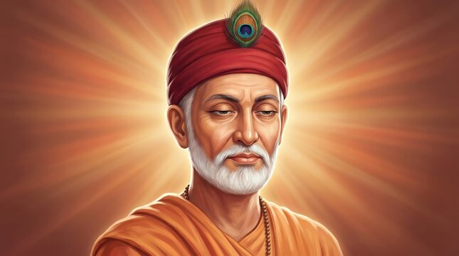Radiant portrait of an indian guru wearing a red turban and peacock feather with a bright sunburst sant kabirdas