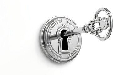 Obraz premium Vintage round metal keyhole escutcheon with ornate skeleton key inserted in door mechanism security mechanism hardware escutcheon protection interior metalwork
