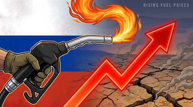 A hand holds a gas pump nozzle with flames rising, set against a Russian flag background with a red arrow indicating rising fuel prices on cracked dry earth.
