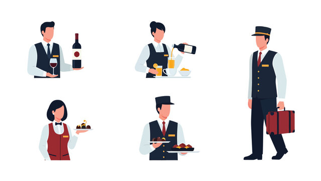 Set of hospitality staff icons including waiters, bartenders, and bellhops serving guests with drinks and luggage.