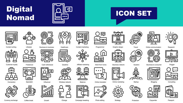 Digital Nomad icon set. Vector icons for Content writing, Lifestyle, Business to business, Content marketing, Programmer, Graphic design, Traveling, Online communication, Research, Customer loyalty, F