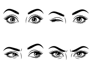 An artistic representation of various eye expressions, captured in detailed black and white illustrations, showcasing a range of emotions and perspectives in a striking visual format. © kexi zhang