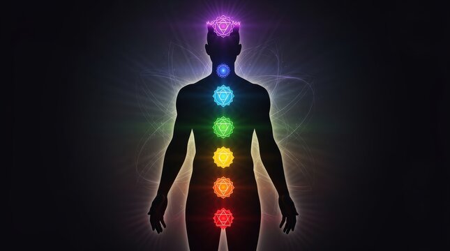 Silhouette of a human figure with glowing, colorful chakras aligned vertically from the base to the crown of the head, symbolizing energy centers and spiritual balance.