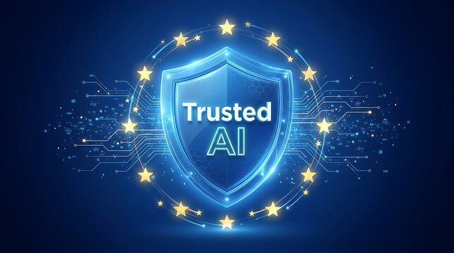 A glowing blue shield with the words 'Trusted AI' surrounded by stars and circuit lines on a dark blue background represents secure technology.