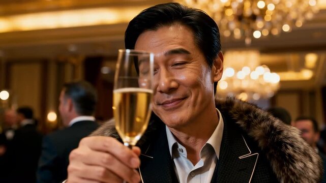 ホテル宴席で乾杯する日本の男40代、シャンパンとストールの上品写真