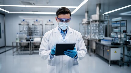 Naklejka premium A scientist wearing protective gear uses a tablet in a modern laboratory filled with advanced scientific equipment.