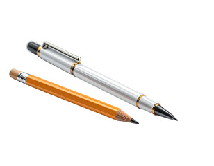 Naklejka premium Metallic pen and wooden pencil on black. Tools for writing and drawing