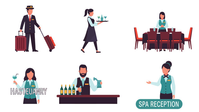 Set of hospitality service icons including a bellboy, waitress, bartender, and spa receptionist.