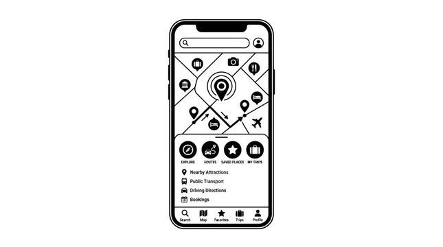 Mobile application interface wireframe for location navigation and mapping services.