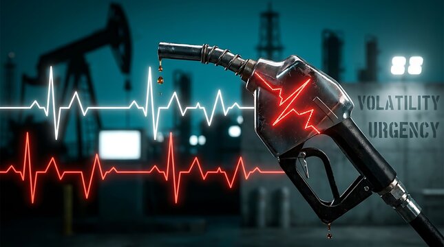 A gas pump nozzle with a red ECG line amidst an industrial oil pump backdrop displays volatility and urgency.
