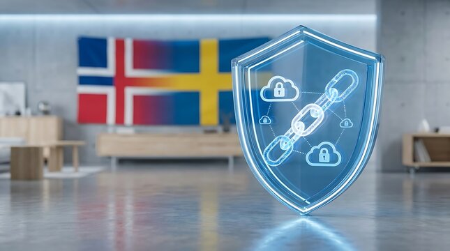 Secure digital shield with padlocks and clouds floats in modern office with Norway and Sweden flags