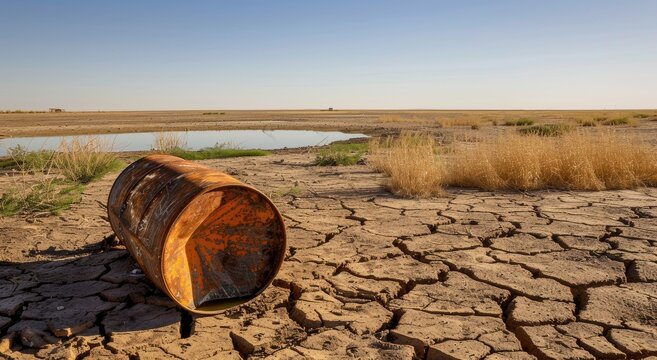 Rusty barrel on cracked earth by a shrinking pond, portraying environmental degradation under a blue sky