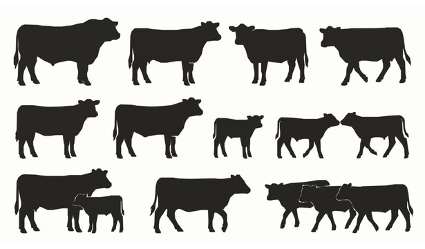 Hand Drawn Black Angus Cattle Silhouette Collection Vector Illustration for Farm and Ranch Design