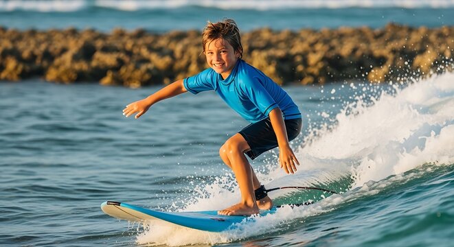 Young boy surfing a wave on his surfboard