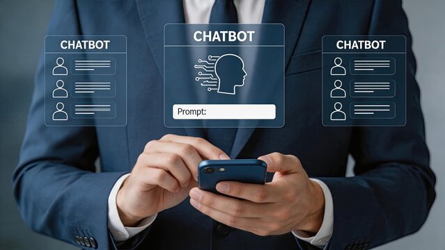 Man using smartphone with chatbot interface, artificial intelligence communication, virtual assistant conversation on mobile screen, customer support and automated messaging