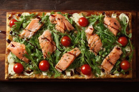 Salmon, arugula, and tomato rectangle food art on a rustic dark wooden platter