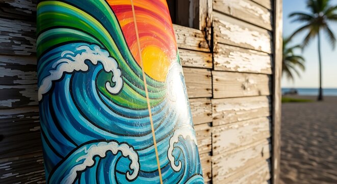 Vibrant Surfboard Art with Ocean Waves and Sun