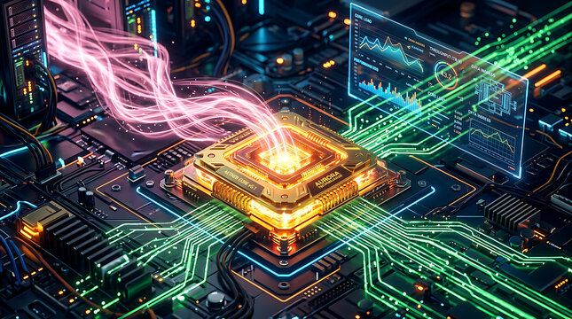Integrated electronic processor chip emitting digital light and data streams with processor technology electronics computer hardware microchip information innovation infrastructure abstract