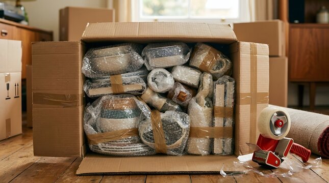 Open Cardboard Box Packed with Fragile Dishes and Books Wrapped in Bubble Wrap for Moving House, Relocation Concept with Packing Tape Dispenser on Floor