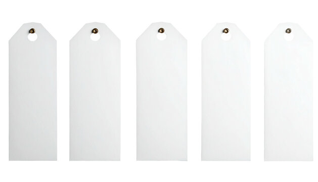 Five blank white rectangular tags with brown eyelets on black