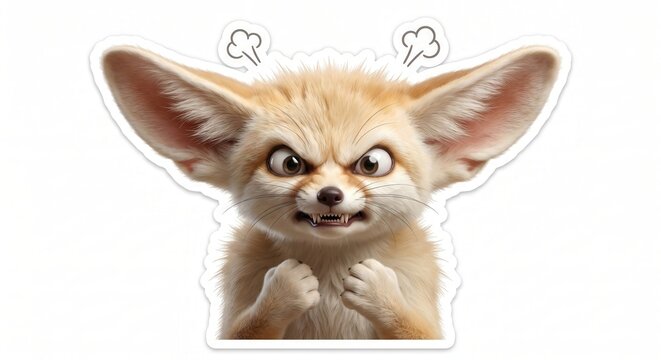 Angry Fennec Fox with Steam Coming from Ears Expression on Isolated White Background