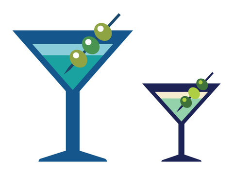 This image showcases two stylish martini glasses in differing sizes, garnished with olives on skewer sticks, representing enjoyment and celebration in social settings.