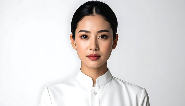 Portrait of a young Asian woman with dark hair, looking forward with a neutral expression, wearing a white collared shirt, studio lighting