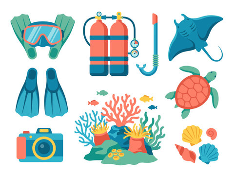 In this underwater scene, snorkeling gear and vibrant marine life invite exploration into coral reefs, emphasizing the beauty and imperative need for ocean conservation.