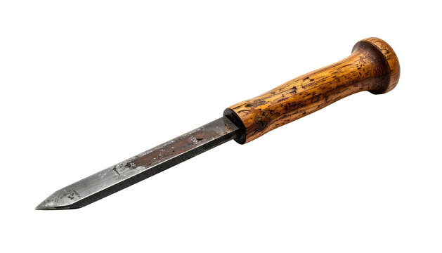 Close-up of a well-used wood chisel with a worn wooden handle