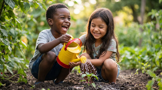 World Environment Day diverse children watering plants together celebrating teamwork environmental education sustainability gardening volunteer activity green future nature care promotional campaign