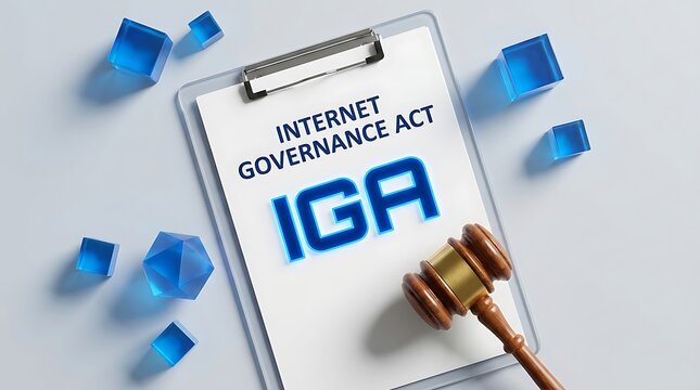 The Internet Governance Act IGA on a clipboard with a gavel surrounded by blue cubes on a desk in a government office.