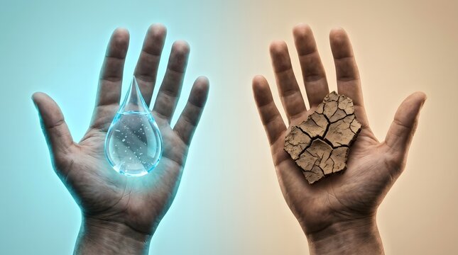 Hands showing a clear water droplet in one and dry cracked earth in the other with resource scarcity abundance contrast