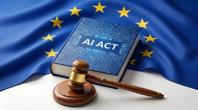 The AI Act law book with gavel on European flag background represents technology and legislation.