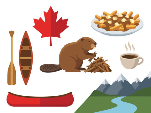 A vibrant illustration featuring iconic Canadian symbols such as a maple leaf, beaver, canoe, poutine, and the majestic Canadian landscape, capturing the essence of Canada.