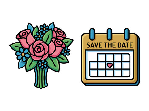 This image beautifully combines a bouquet of roses with a calendar marked with a 'Save the Date', perfect for wedding planning or special occasion celebrations.