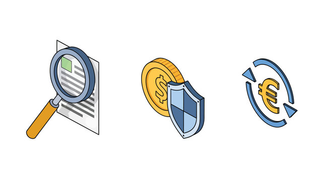 Isometric icons representing financial concepts: magnifying glass over document, coin with shield, and euro currency exchange.