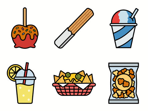 A tempting assortment of popular fair foods including cotton candy, churros, and nachos, designed to summon the joyous atmosphere of a fun fair or carnival experience.