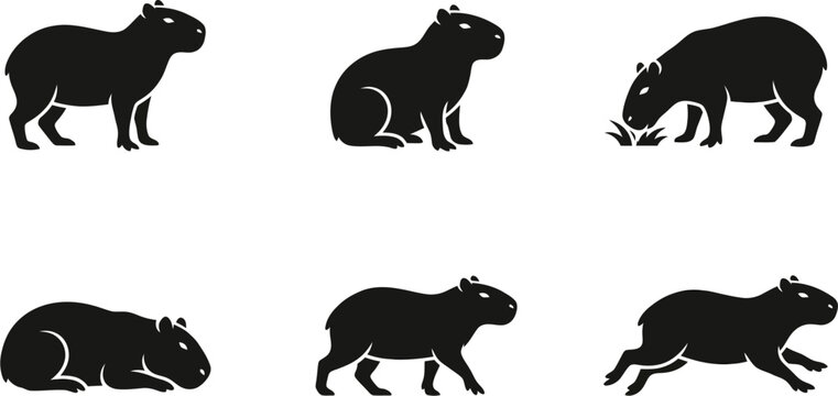 Capybara Silhouettes Showing Standing Sitting and Running Actions