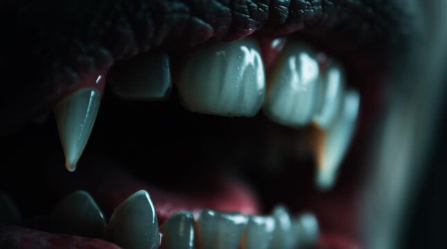 A close-up video of a vampire's mouth with sharp fangs in a dark and spooky atmosphere