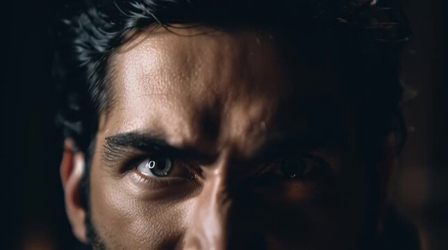 A close-up video of a vampire with fangs and a menacing gaze in a dark setting