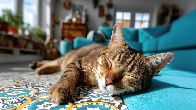 Cat resting sunlight indoor comfortable relaxation domestic pet
