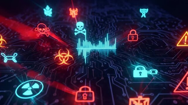 Digital circuit board with evolving cyber threat and protection icons for data security concept
