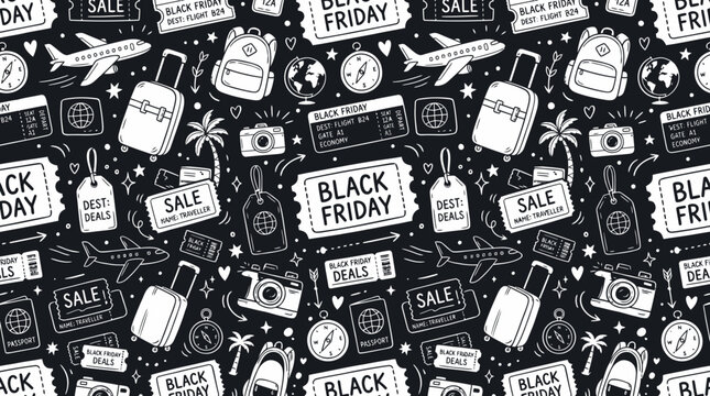 Black and white seamless Black Friday shopping sale pattern repeated background illustration.