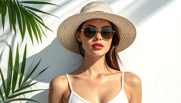 Stylish woman in straw hat and sunglasses, sunlit outdoor setting, tropical palm leaves casting shadows, summer fashion and beauty