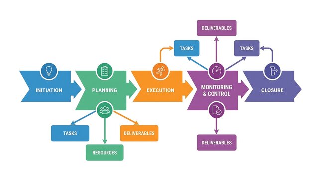 A creative process flow diagram showing the project stages from initiation to closure, including branching sub-tasks and hierarchy lines for complex project organizational planning
