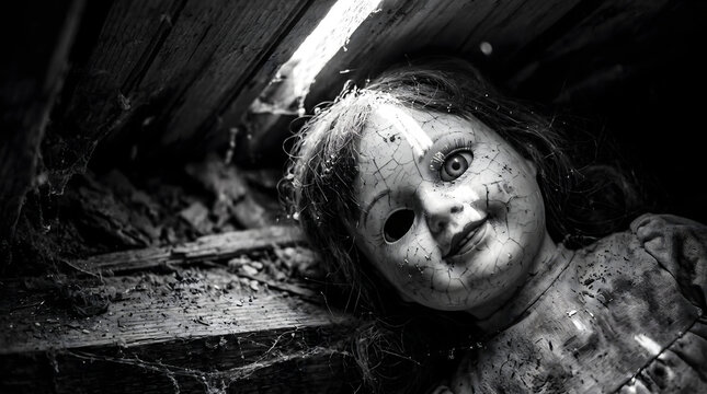 Monochrome close-up of dirty creepy doll face