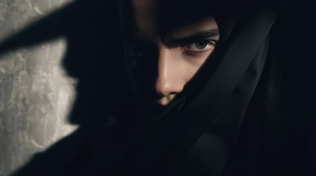 A mysterious woman wearing a black niqab in a dark and moody video setting