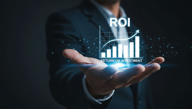 Businessman holding virtual ROI graph and financial return on investment data