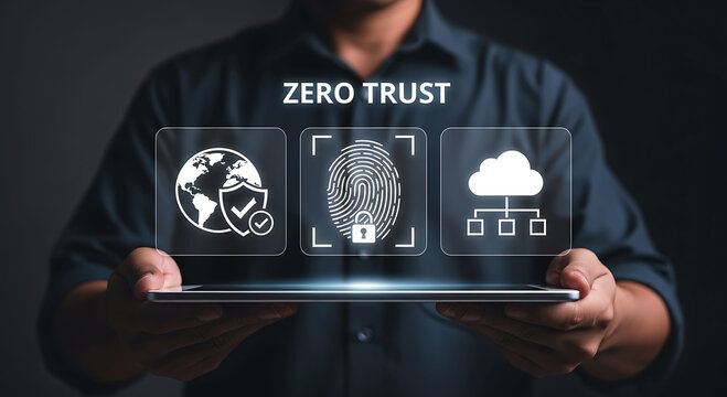 Businessman holding digital tablet with zero trust security icons and cloud network